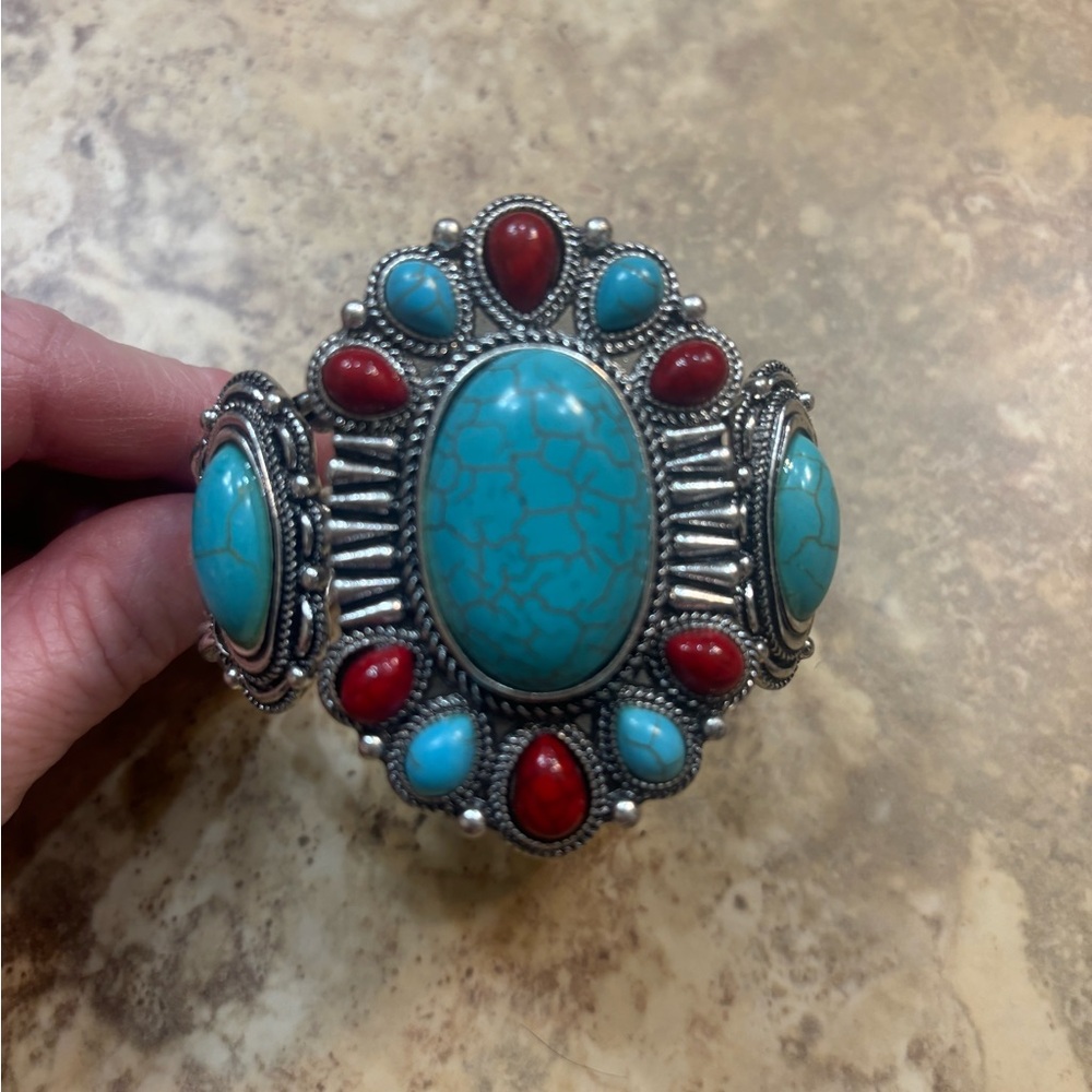 2 chunky southwest faux turquoise pose coral silver cuffs